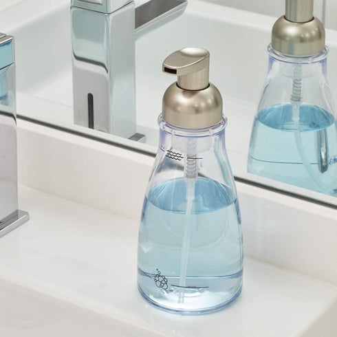 iDesign Slate-3 x 7.5 inches, InterDesign Plastic Foaming Soap Pump Dispenser Holds 14 oz. for Kitchen, Bathroom, Sink, Vanity, 3" x 3" x 7.5", Clear and Brushed Nickel, One Size Fits