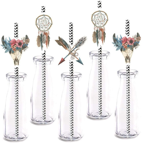 Boho Tribal Party Straw Decor, 24-Pack Wild Girl Boy Birthday Baby Shower Birthday Party Decorations, Paper Decorative Straws