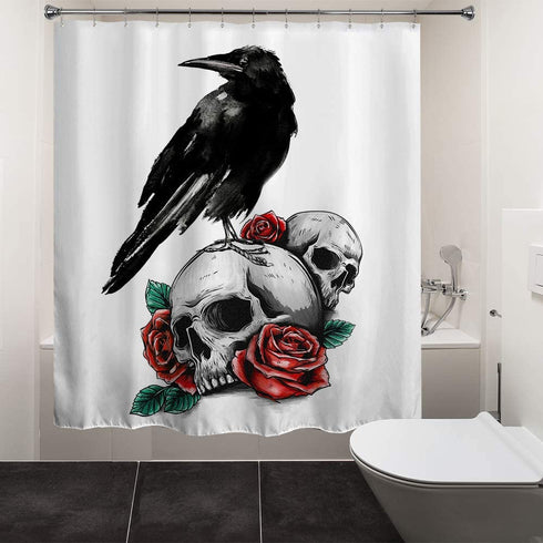 HIYOO Halloween Flower Skull and Raven Shower Curtain with Hooks, Bathroom Sugar Skeleton Shower Curtain, Horror Scary Hallowmas Waterproof Fabric Shower Curtain Sets - Red / Green 60" W x 72" L