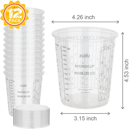 Clear Plastic Mixing Cup with Lids, Paint and Epoxy Mixing Cups Container for Paint, Resin, Epoxy, Art, Multiple Calibrated Mixing Ratios, Measurements in OZ. and ML (12pack,20ounce)