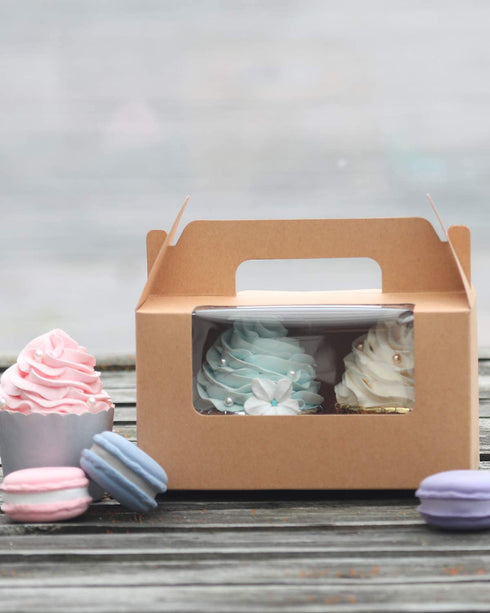 Yotruth Brown Cupcake Box 2 Holders?50Packs?,6.2 x 3.5 x 3.5 inch, Cupcake Carrier with Insert and Display Window Goodies Favor Candy Treat Boxs Muffin Carry Container