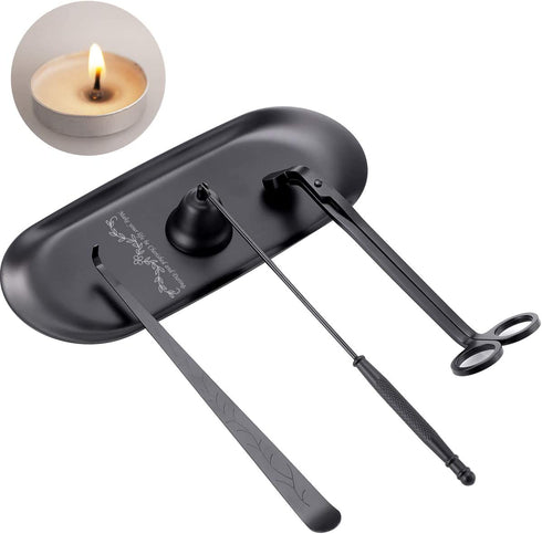 ManChDa 4 in 1 Candle Accessory Set - Candle Wick Trimmer, Candle Wick Dipper, Candle Wick Snuffer, Storage Tray Plate, Candle Care Tools Gift for Candle Lovers for Cosmetics Metal Storage (Black)