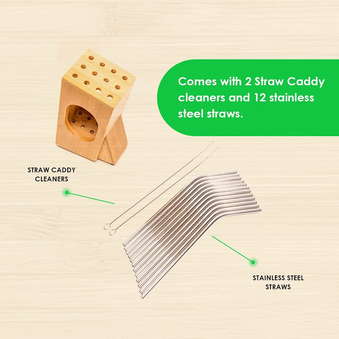 Tannion Straw Caddy With (12) Reusable Straws Reusable Straw Holder For Counter With Metal Straw Set Bamboo Straw Container With Metal Straws Drinking Straw Organizer With Stainless Steel Straw Set