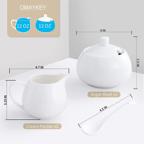 12 OZ Porcelain Sugar and Creamer Set Serving for Coffee Tea, 2 Pack Cream Pitcher with 1 Pack Sugar Bowl with Lid Spoon, White