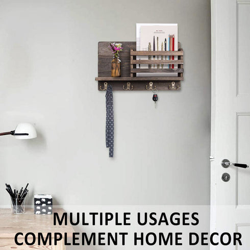Mail and Key Holder for Wall Decorative - Wall Mounted Rustic Mail Organizer with 4 Double Hooks and Mail Rack, Wood Shelf Home Decor for Entryway, Mudroom, Hallway