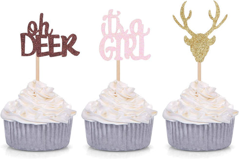 24 Counts Oh Deer It's a Girl Cupcake Toppers Gender Reveal Party Decorations Girl Baby Shower Party Favors