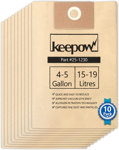 KEEPOW Disposable Filter Bag Compatible with Stanley 4-5 Gallon Wet/Dry Vacuums, Part# 25-1230 (10 Pack)