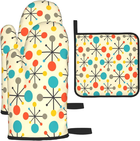 Mid Century Fifties Modern Atomic Retro Colors Oven Mitts and Pot Holders Sets Heat Resistant 3 Pcs Kitchen Sets for Kitchen,Cooking,Baking,Grilling,Cooks Gifts