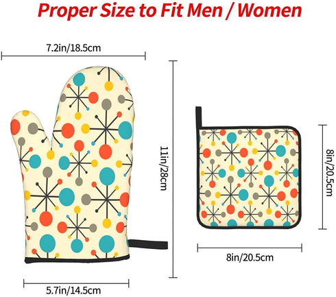 Mid Century Fifties Modern Atomic Retro Colors Oven Mitts and Pot Holders Sets Heat Resistant 3 Pcs Kitchen Sets for Kitchen,Cooking,Baking,Grilling,Cooks Gifts