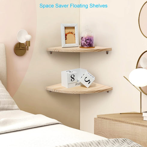 Wood Corner Wall Shelves Set of 2, Solid Wood Corner Floating Shelves for Wall, Round End Wall Mounted Floating Corner Shelf for Bedroom, Living Room and Kitchen (10 inch)