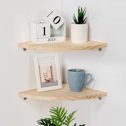 Wood Corner Wall Shelves Set of 2, Solid Wood Corner Floating Shelves for Wall, Round End Wall Mounted Floating Corner Shelf for Bedroom, Living Room and Kitchen (10 inch)