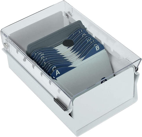 Acrimet Index Business Card Size File Holder Organizer Metal Base Heavy Duty (AZ Index Cards and Divider Included) (White Color with Clear Crystal Plastic Lid Cover)