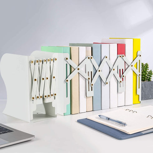 Deli Adjustable Bookend, Desk Magazine File Organizer Holder, Metal Book Ends for Heavy Books, Shelf, Office, Extends up to 19 inches, White