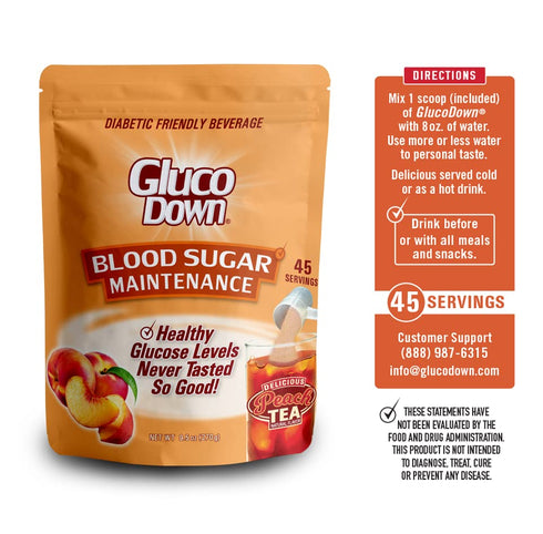 GLUCODOWN, Maintain Healthy Blood Sugar, Delicious Peach Tea Mix, Diabetic Friendly, 45 Servings, 1 Resealable Package.