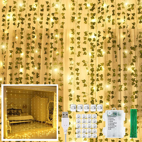 KASZOO 12 Pack Artificial Ivy Leaf Plants with 240 LED Window Curtain String Lights, Fake Plants Vine Hanging Garland, Hanging for Wall Party Wedding Room Home Kitchen Indoor & Outdoor Decoration