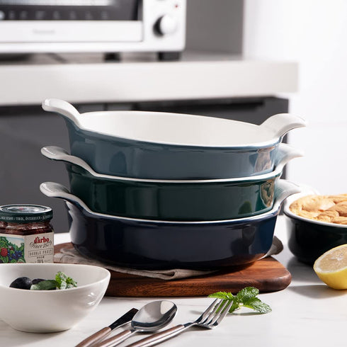 SWEEJAR Ceramic Baking Dish, 8 Inches Cake Baking Pan for Brownie, Porcelain Round Bakeware with Double Handle for Casserole, Lasagna, Family Dinner (Navy)