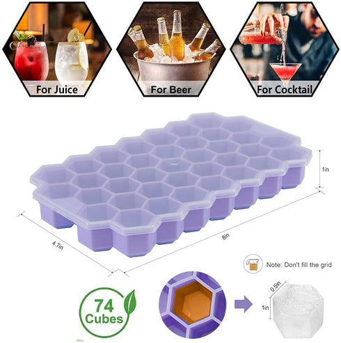 Upgrade Ice Cube Trays, TGJOR 2 Pack Silicone Flexible Ice Cube Trays with Lid, 74 Cubes Ice Trays for Chilled Drinks, Whiskey & Cocktails , Stackable Flexible Safe Ice Cube Trays (blue+purple)