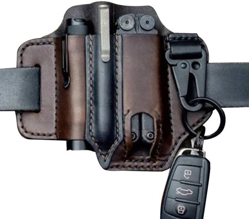 Multitool Sheath for Belt, Leather EDC Pocket Organizer for Men, Leatherman Sheath with Pen Holder, Key Fob, Flashlight Sheath, EDC Leather Pouch Brown€¦