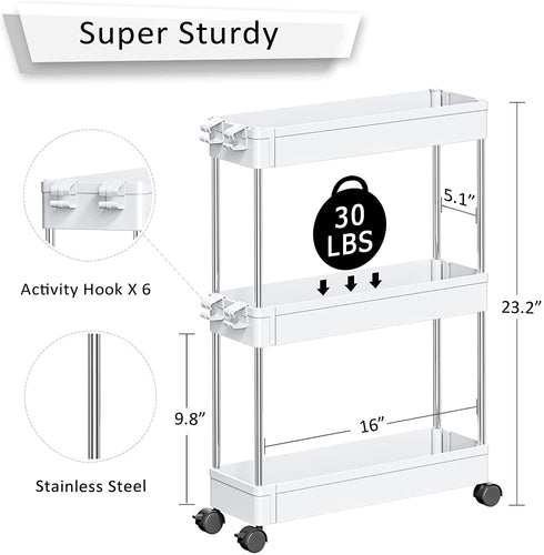 NOTHEIA Slim Storage Cart 3-Tier, Bathroom Organization Slide Out Cart, Laundry Organization and Storage Utility Cart, Snack Cart with Wheels Thin Space Solutions, White