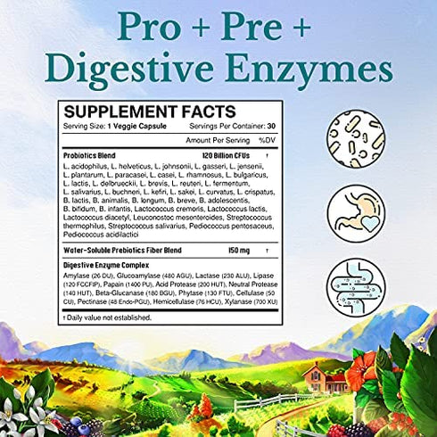 VITALITOWN Probiotics 120 Billion CFUs | 36 Strains, with Prebiotics & Digestive Enzymes for Men Women | Shelf Stable | Digestive & Immune Support | Vegan, Non-GMO | 30 Delayed Release Veg Caps