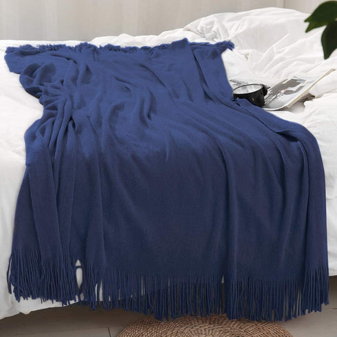 Homiest Decorative Knitted Throw Blanket with Fringe Soft & Cozy Tassel Blanket for Couch Sofa Bed (Navy Blue, 50x60)