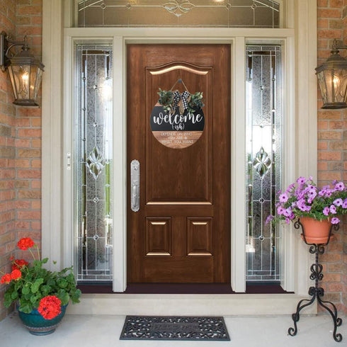 Welcome Sign Front for Door Decoration, 12 in Round Wood Wreaths Wall Hanging Outdoor, Farmhouse, Porch, for Spring Summer Fall All Seasons Holiday Christmas (Black)