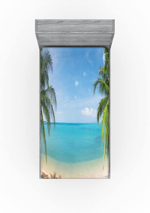 Ambesonne Ocean Fitted Sheet, Panoramic View of Tropical Sandy Beach Exotic Vacation Theme Print, Soft Decorative Fabric Bedding All-Round Elastic Pocket, Twin Size, Brown Turquoise