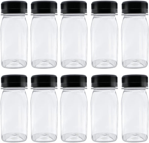 24 Pcs 4 Ounce Plastic Juice Bottles, Reusable Bulk Beverage Containers for Juice, Milk and Other Beverages, Black lid