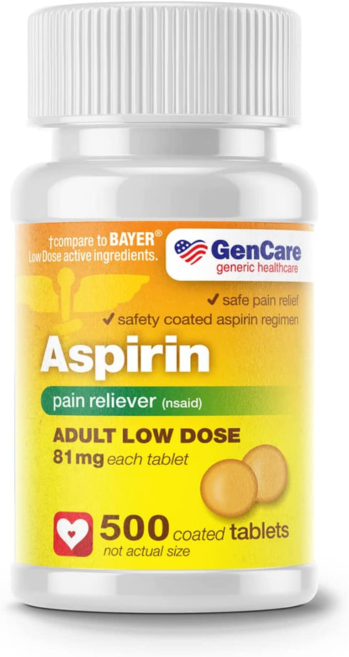 GenCare - Aspirin Pain Reliever (NSAID) 81 mg (500 Coated Tablets) Adult Low Dose | Safe Pain Relief Enteric Coated Aspirin Pills | Muscle Pain & Menstrual Pain Relief | Generic Bayer