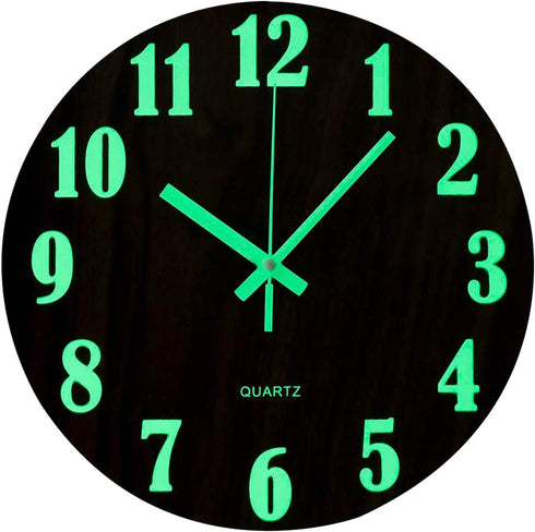 Topkey 12 Inch Luminous Wall Clock Silent Wooden Design Night Lights Round Wall Clock for Living Room and Bedroom (Battery Not Included) - Brown