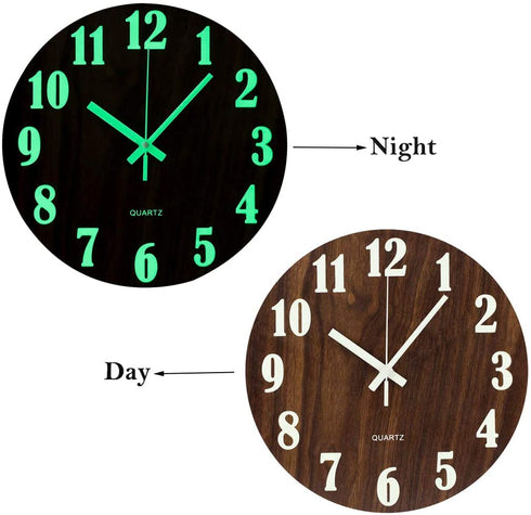 Topkey 12 Inch Luminous Wall Clock Silent Wooden Design Night Lights Round Wall Clock for Living Room and Bedroom (Battery Not Included) - Brown