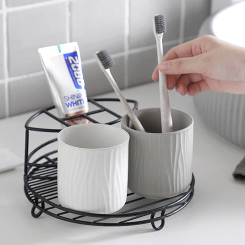 Toothbrush Holder Black for Bathroom Tooth Cup and Electric Toothbrush Organizers and Storage Toothpaste Stand Rack Set Included 3 Toothbrush Slots and 2 Ceramic Bathroom Tooth Cups