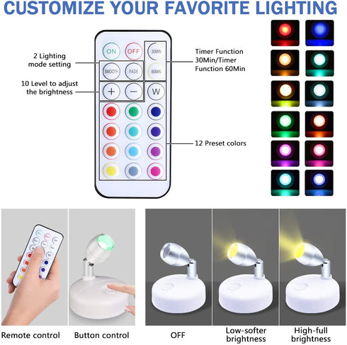 LEDERA RGB Wireless LED Spot Light, Battery Operated Accent Lights with Remote, RGB Dimmable Art Light, Little Spot Light with Rotatable Head &Timer for Artwork Painting Statue, Pack of 2