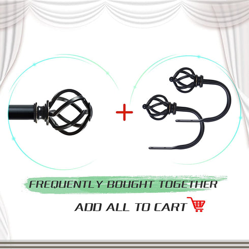 KAMANINA 1 Inch Curtain Rod Single Drapery Rod 36 to 72 Inches (3-6 Feet), Twisted Cage Finials, Black