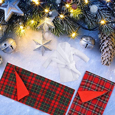3 Pieces Christmas Sleeping Bags Accessory Elf Doll Sleeping Bag and 3 Pieces White Bathrobes for Elf Doll Red Green Plaid Sleeping Bag for Elf Doll Decorations, 3 Styles (Doll is not Included)