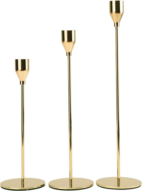 Suwimut Set of 3 Gold Candle Holders for Tapered Candles, Table Decorative Candlestick Holders Metal Candle Stand Fits 3/4 Inch Slim Candles and Led for Dining Party Wedding
