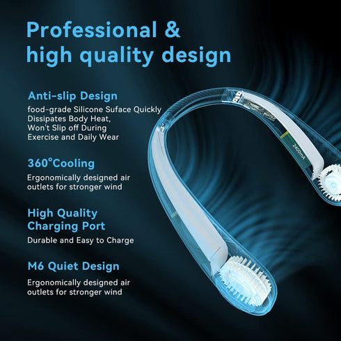 FrSara Neck Fan, Bladeless Neck Fan Rechargeable, Adjustable, 360° Cooling, Super Quiet, No Blade Fan Design, No Hair Twisting, Even Air Volume On Both Sides, Non-Slip, Short Charging, Long Use Time