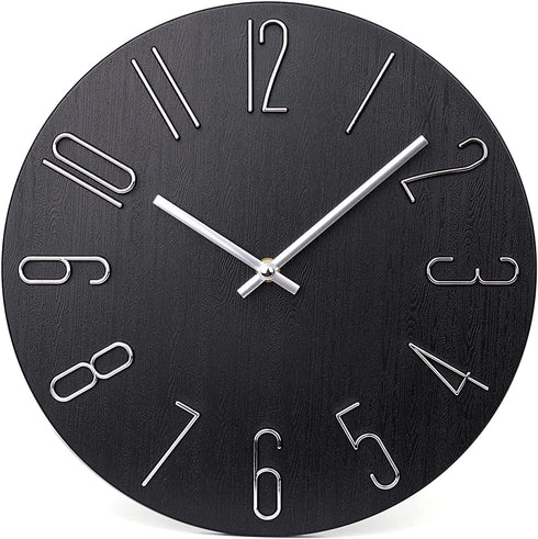 Wall Clock 12" Silent Non-Ticking Modern Style Wooden Wall Clocks Decorative for Office Home Bedroom School (Black)
