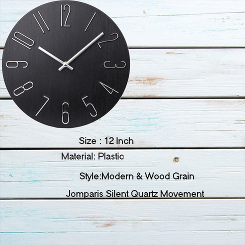 Wall Clock 12" Silent Non-Ticking Modern Style Wooden Wall Clocks Decorative for Office Home Bedroom School (Black)