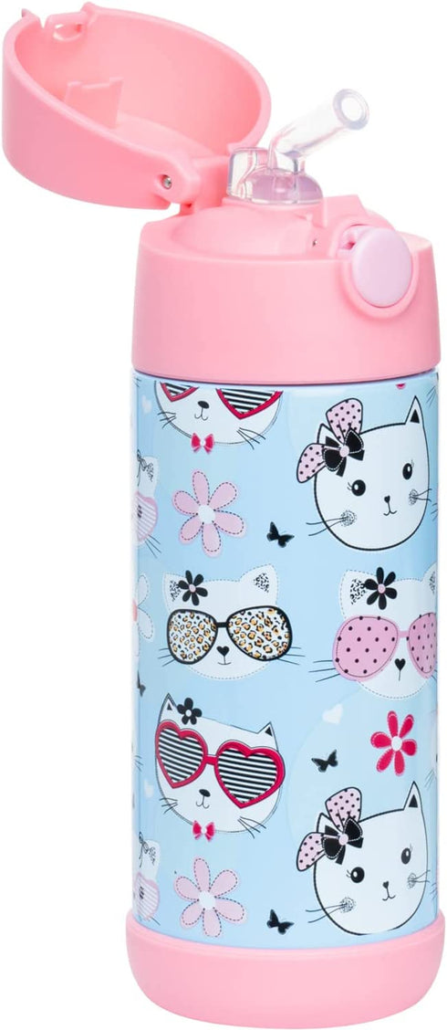 Snug Kids Water Bottle - insulated stainless steel thermos with straw (Girls/Boys) - Kitty, 12oz