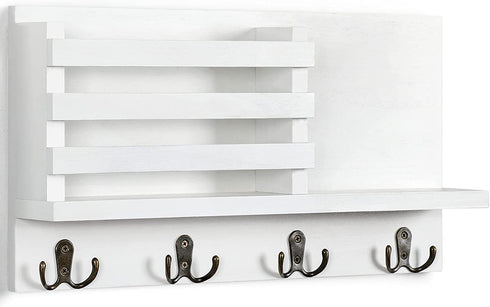 Lwenki Key & Mail Holder for Wall - Rustic Natural Paulownia Wood, 4 Double-Hook Hangers - Wall Mounted Organizer for Decor, Bags, Accessories - Hardware & Manual Included (White)