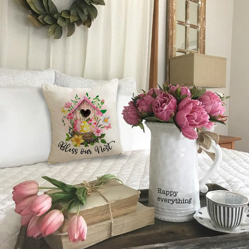 CARRIE HOME Easter Bunny Throw Pillow Covers 18x18 Set of 4 Pink Easter Decorative Throw Pillows Farmhouse Rabbit Eggs Carrot Happy Easter Decorations for The Home Couch and Outdoor Porch