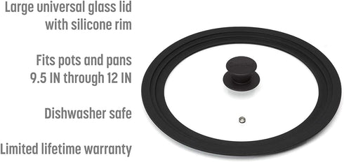 Goodful Universal Lid for Pots, Pans and Skillets, Tempered Glass Steam Vented, Graduated Silicone Rim Fits 9.5" to 12" Cookware, Replacement Top, Large, Black