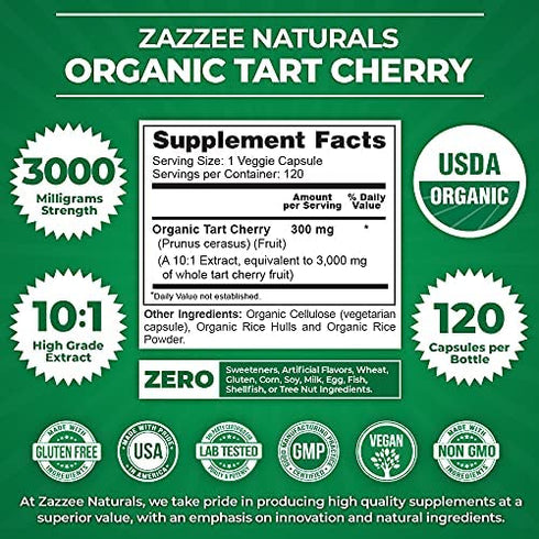 Zazzee USDA Organic Tart Cherry Extract, 120 Vegan Capsules, 3000 mg Strength, Potent 10:1 Extract, USDA Certified Organic, Non-GMO and All-Natural