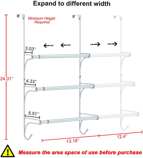 Auledio Adjustable Over The Door Triple Towel Rack with Hooks,Silver