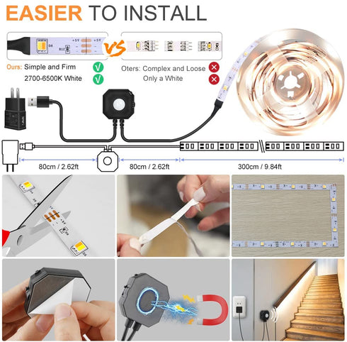 Motion Sensor LED Light Strip, Wefomey Motion Sensor Light Indoor Closet Lights, 2700K-6500K White Dimmable Led Strip Lights for Bedroom, Kitchen, Stair Motion Activated