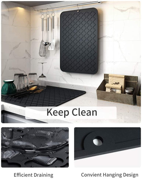 Dish Drying Mats for Kitchen Counter Heat Resistant Mat (16" x 18, BLACK)