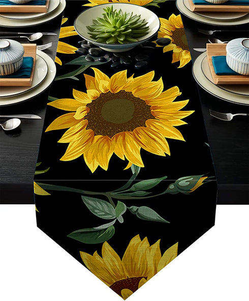 Seamless Pattern Sunflowers Table Runners Cotton Linen Rectangle Dresser Scarf for Family Dinners Office Kitchen Tables or Gatherings Indoor Outdoor Party Decor 16x72inch Black Background