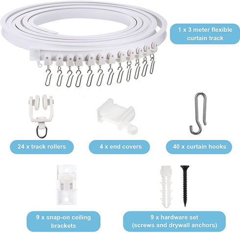 Bendable Ceiling Curved Curtain Track Flexible Ceiling Curtain Mount Soft Windows Curved Track for Curtain Rail with Metal Curtain Hooks, Bed Curtains Room Divider, Ceiling Track (White, 3 m)