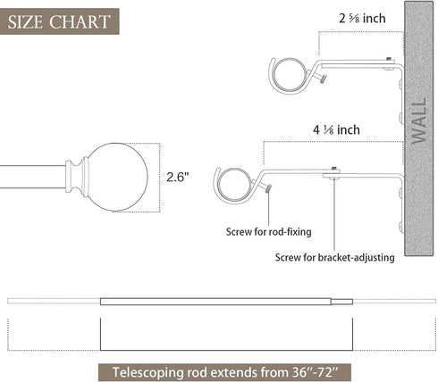 KAMANINA 1 Inch Curtain Rod Telescoping Single Drapery Rod 36 to 72 Inches (3-6 Feet), Round Finials, Silver